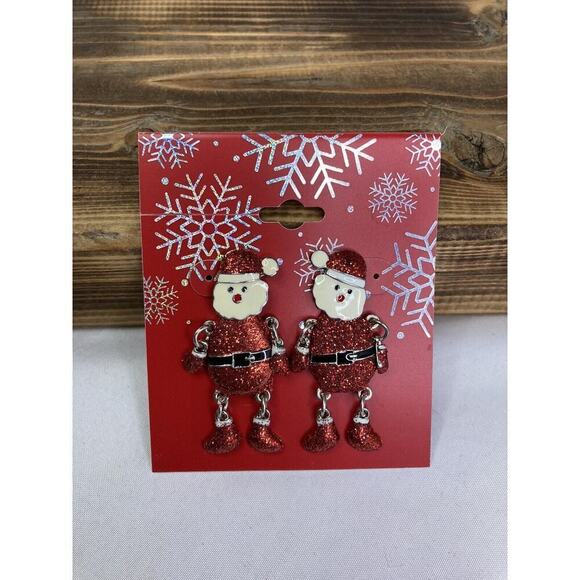 Santa Christmas Holiday Enameled Dangle Drop Earrings Red Sparkle - Picture 1 of 6